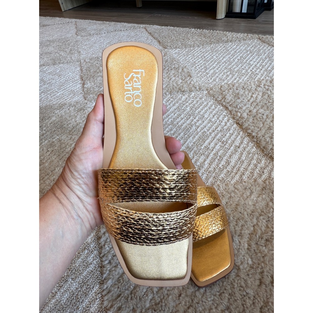 Franco Sarto Emiliana Sandals Gold Metallic Double Strap Flat Slide Square Toe 8